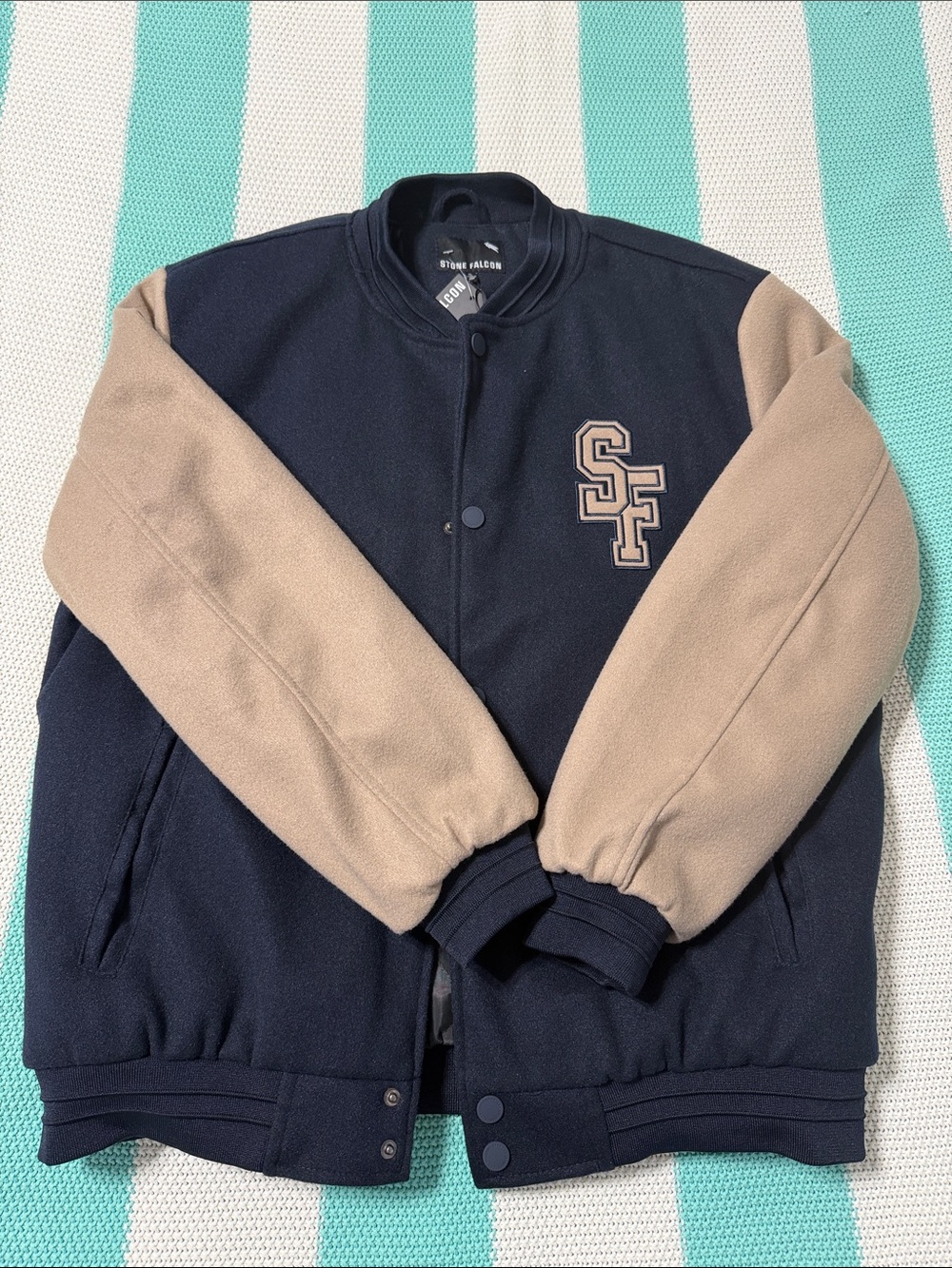 Stone Falcon Navy and Tan Varsity Bomber Jacket with SF Patch